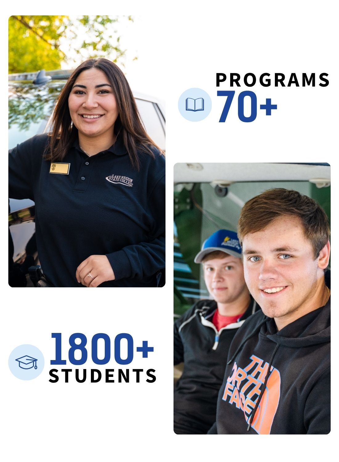 Collage of two students with text highlighting 70+ programs and more than 1800 students.