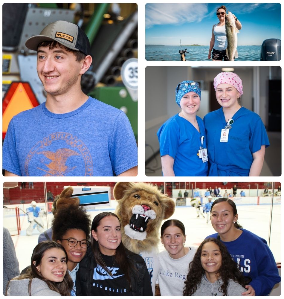 Collage of images showing students participating in campus activities, including a hockey game, fishing, and classroom instruction.
